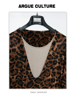Leopard Mock Two-Piece Deep V Long-Sleeve Top