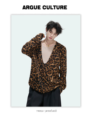 Leopard Mock Two-Piece Deep V Long-Sleeve Top