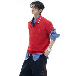 Oversized white textured knit polo shirt with contrast collar