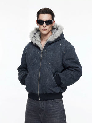 Textured PU Faux-Leather Hooded Jacket with Faux Fur - main image 5