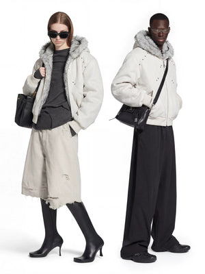 Textured PU Faux-Leather Hooded Jacket with Faux Fur - main image 4