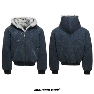 Textured PU Faux-Leather Hooded Jacket with Faux Fur - Black