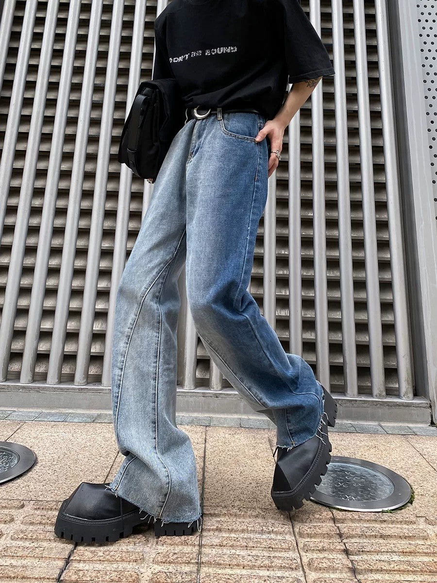 Men's blue tie-dye gradient flared jeans front view