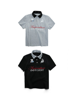Unisex Contrast Sequin Collar Embroidered Polo Shirt - main image 1