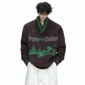 Model wearing a festive red streetwear sweater for the holiday season.