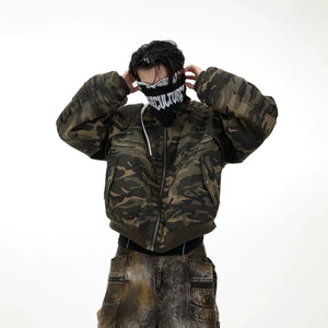 Vintage camouflage bomber jacket with hand-painted graffiti details