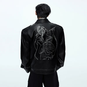 Front view of black geisha pin leather jacket with metal hardware