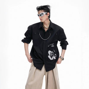 Front view of vintage graphic patchwork streetwear shirt with metal chains