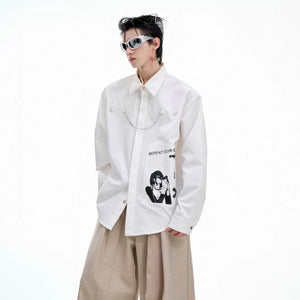 Back view of deconstructed graphic art shirt in black