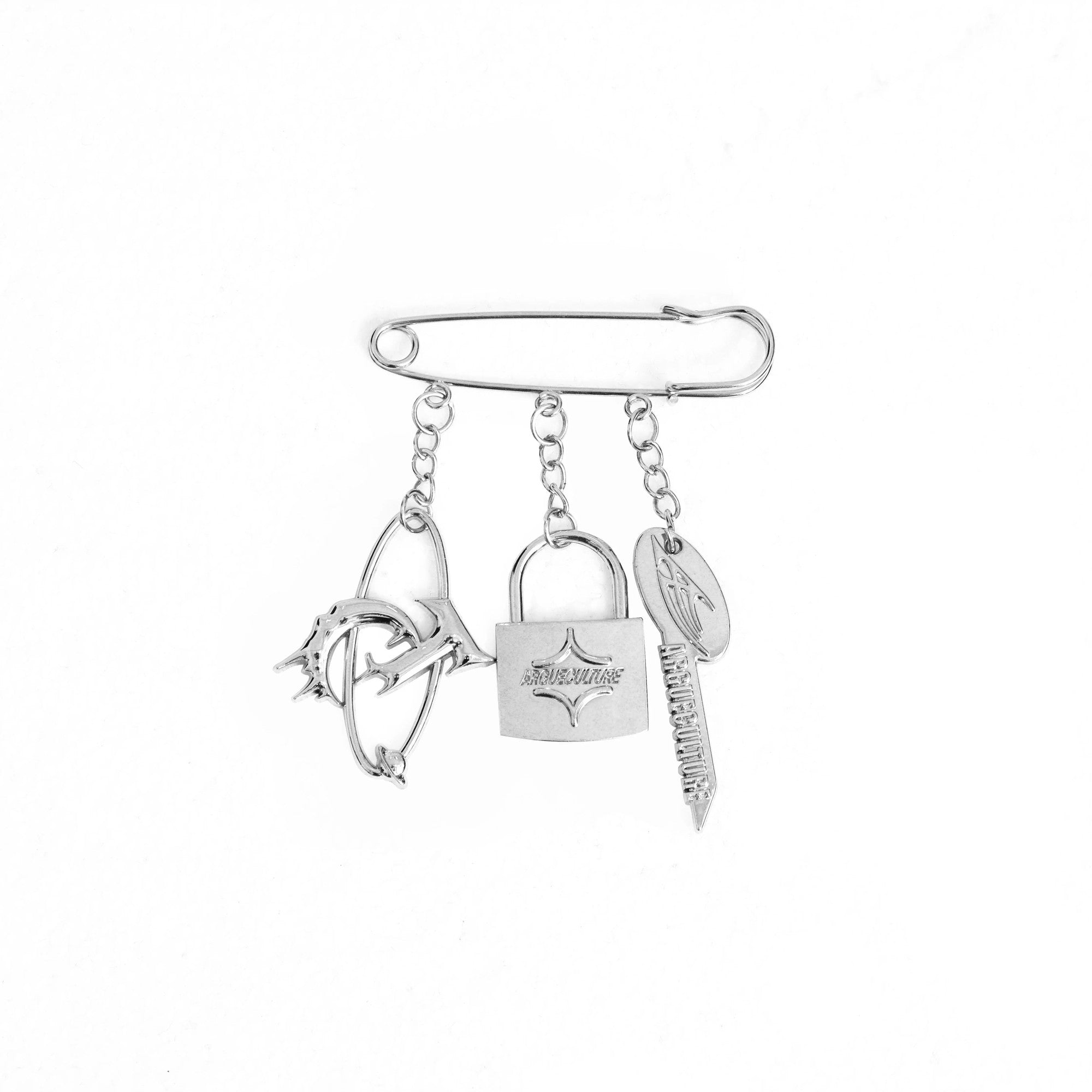 Front view of vintage metal logo pendant pin brooch in silver