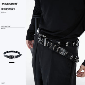 Vintage distressed black leather belt with metal rivets and logo buckle.