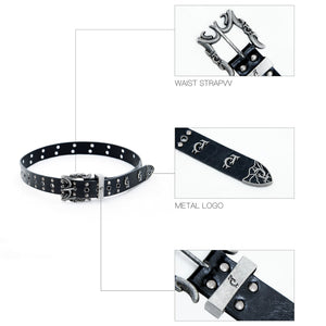 Detailed shot of the high-quality split leather and rivet hardware.