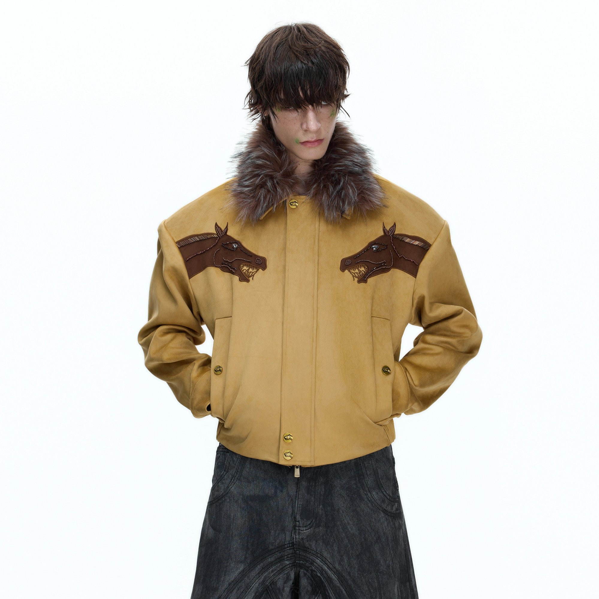 Men's red vintage suede jacket with faux fur collar and horse embroidery