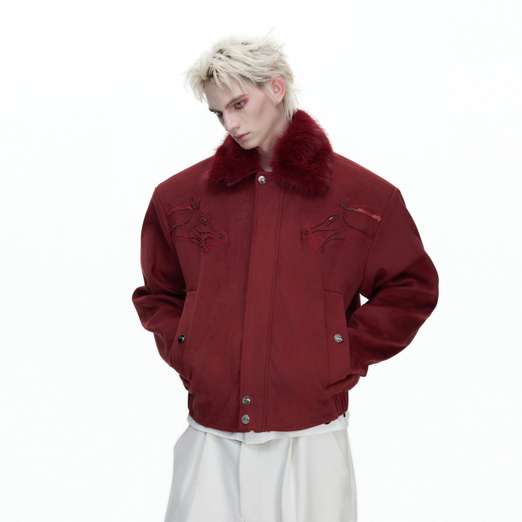 Yellow boxy fit suede jacket with detachable fur collar for men