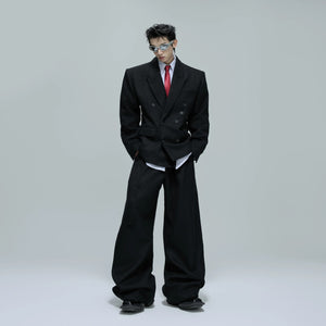 Oversized black waffle texture blazer with pearl buttons front view