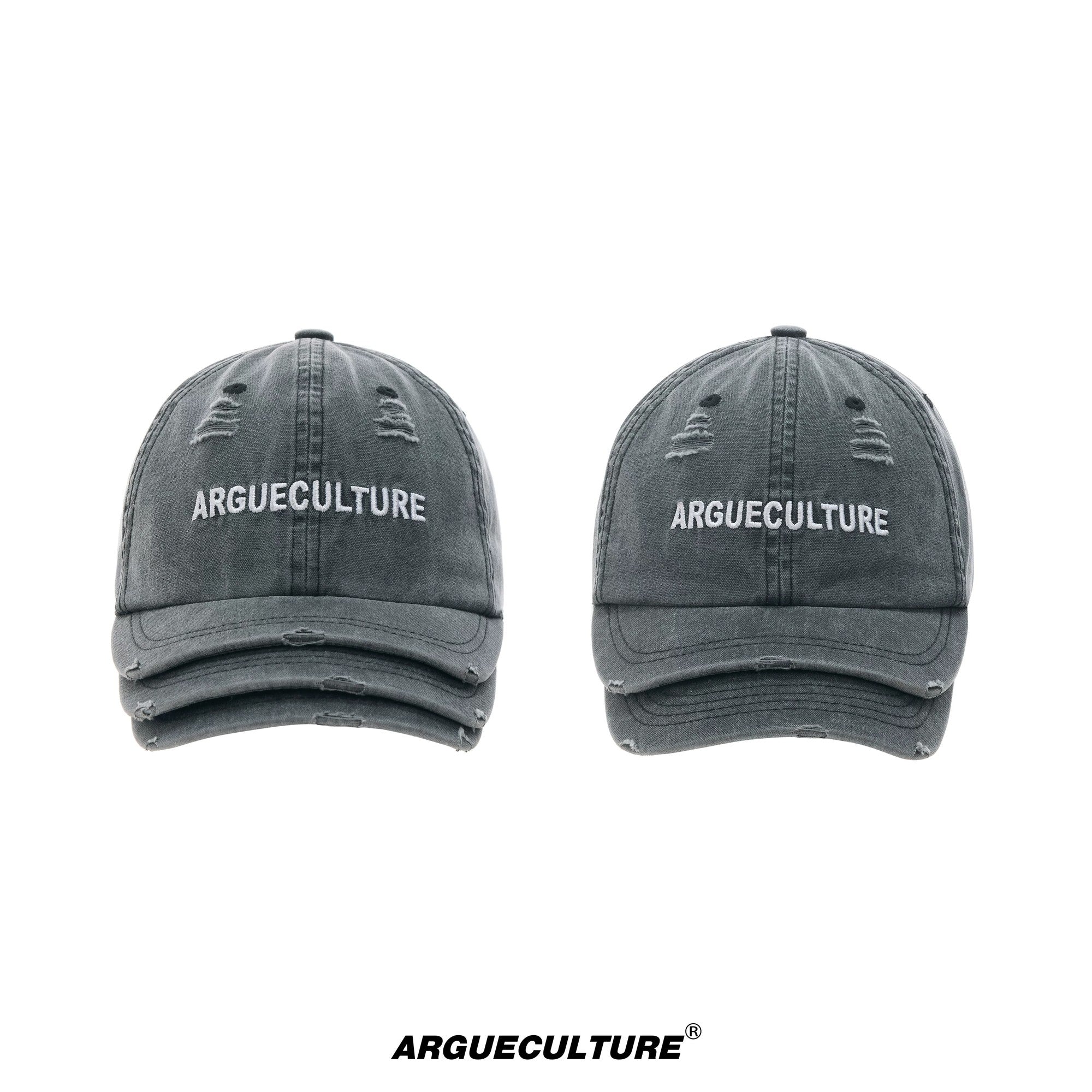 Front view of washed gray baseball cap with 3-layer distressed brim