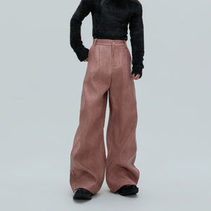Black waxed ribbed curved leg streetwear pants front view