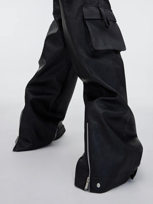 Back view of loose fit high-waisted leather cargo trousers