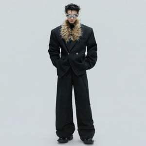 Front view of the oversized black wool blazer with raccoon fur collar