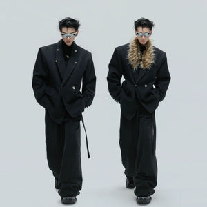 Detail view of the matching baggy wide-leg wool suit pants