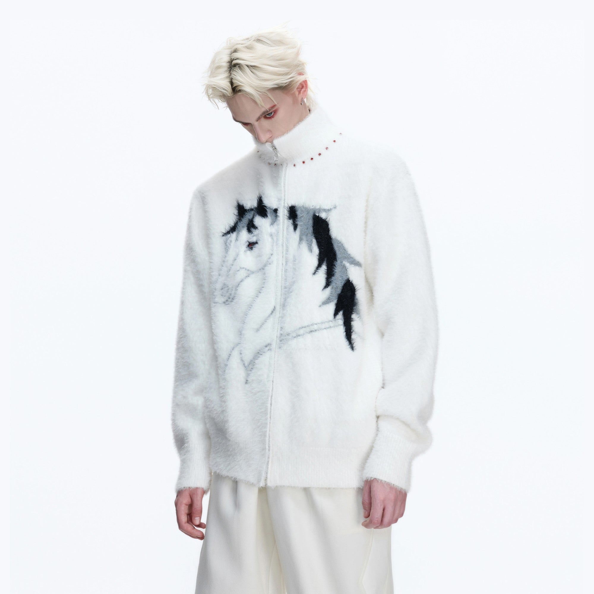 White heavyweight faux mink zip-up cardigan with horse embroidery front view