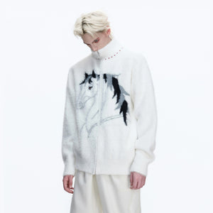 White heavyweight faux mink zip-up cardigan with horse embroidery front view