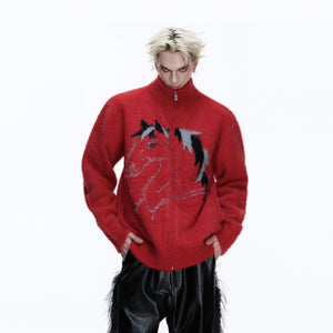 Red streetwear knitted zip-up sweater for Year of the Horse