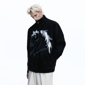 Detailed embroidery of the Year of the Horse on a fuzzy knit sweater