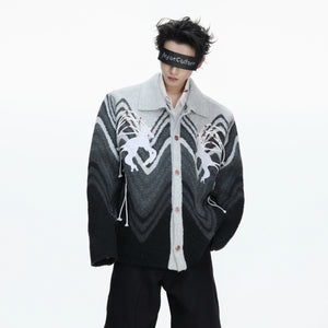 Close up of custom metal horse buttons and polo collar