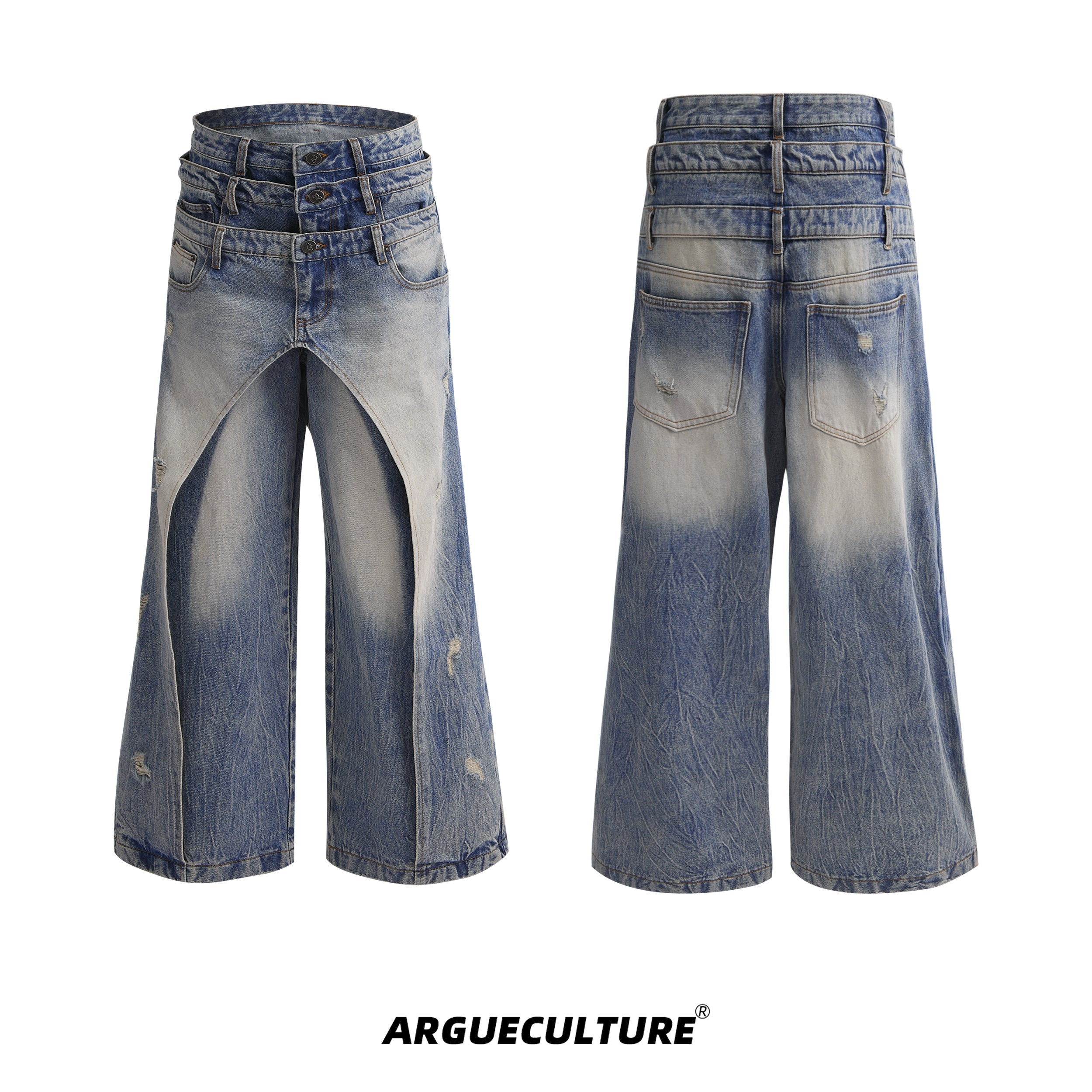 Triple Waistband Wash Blue Denim Jeans Distressed Vintage Design - ArgueCulture