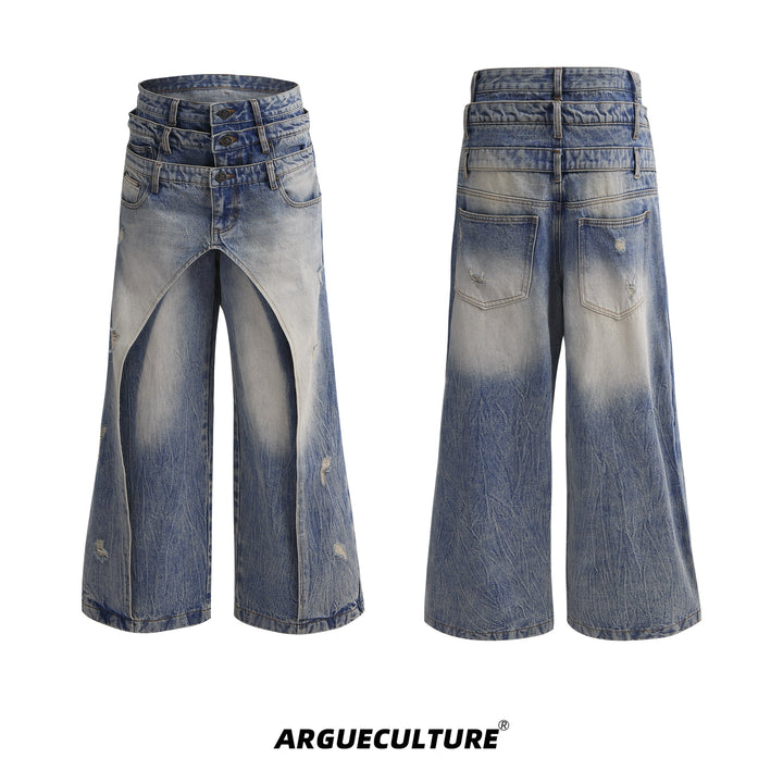 Triple Waistband Wash Blue Denim Jeans Distressed Vintage Design - ArgueCulture