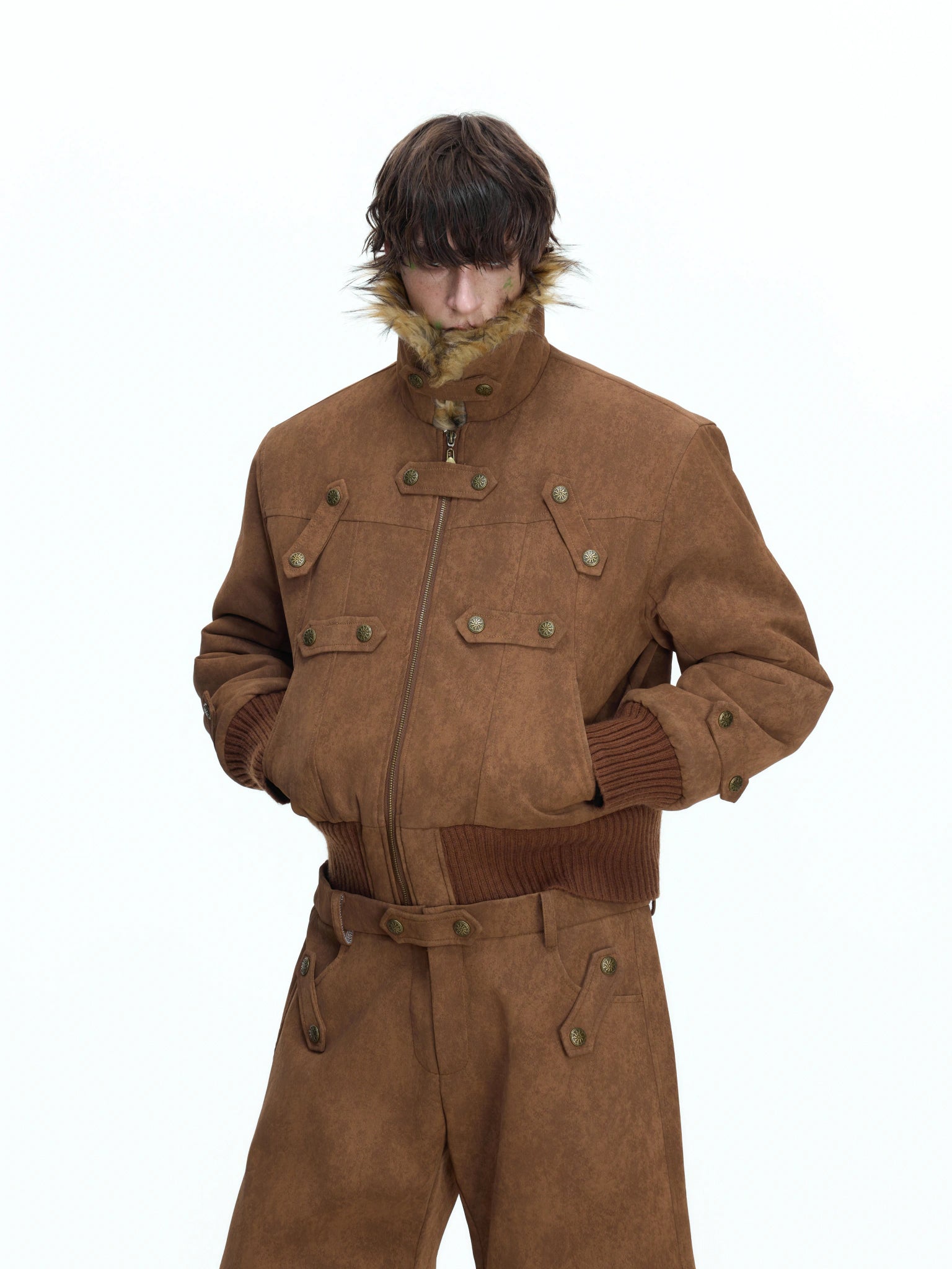 Brown PU Fleece-Lined Cropped Jacket | Unisex - main image 1