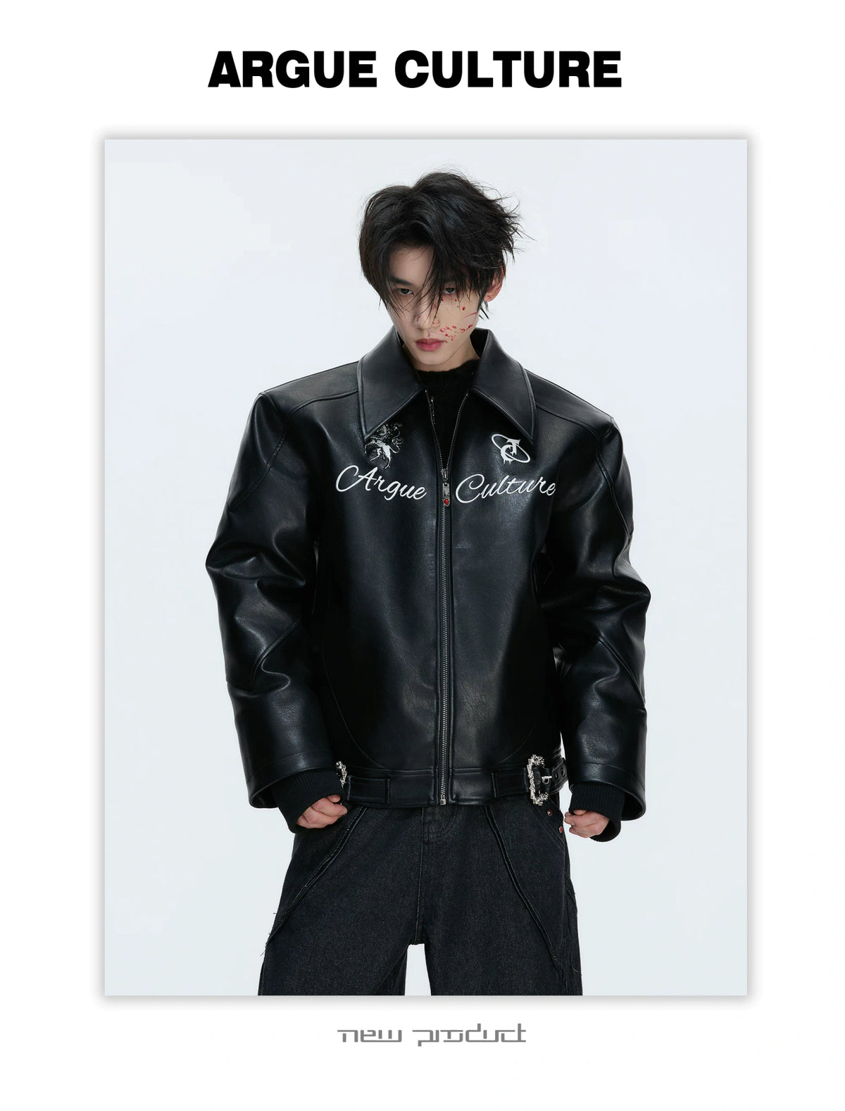 Black Faux Leather Horse Badge Moto Jacket - description image 12
