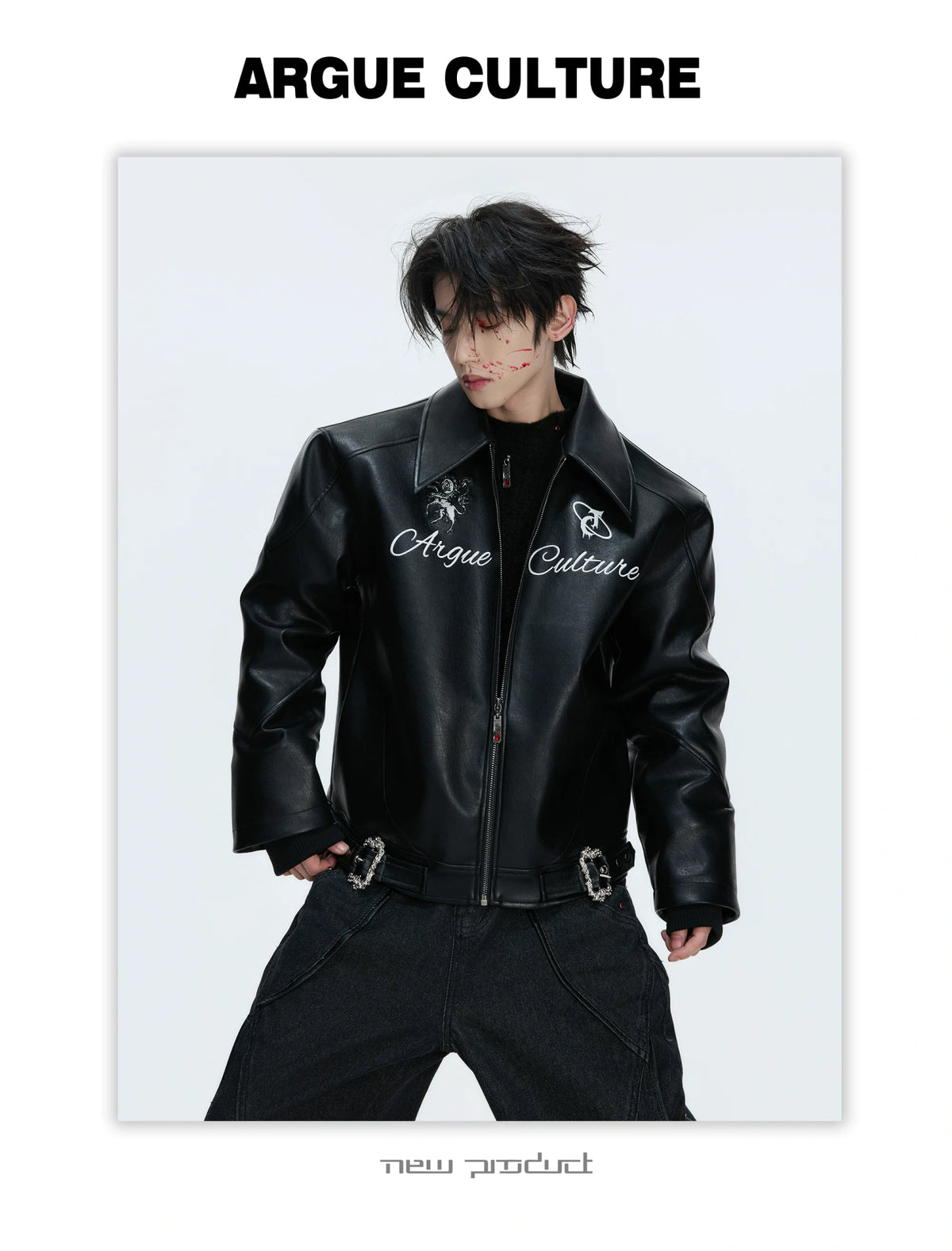 Black Faux Leather Horse Badge Moto Jacket - description image 14