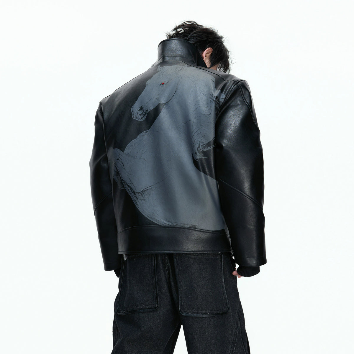 Black Faux Leather Horse Badge Moto Jacket - main image 4