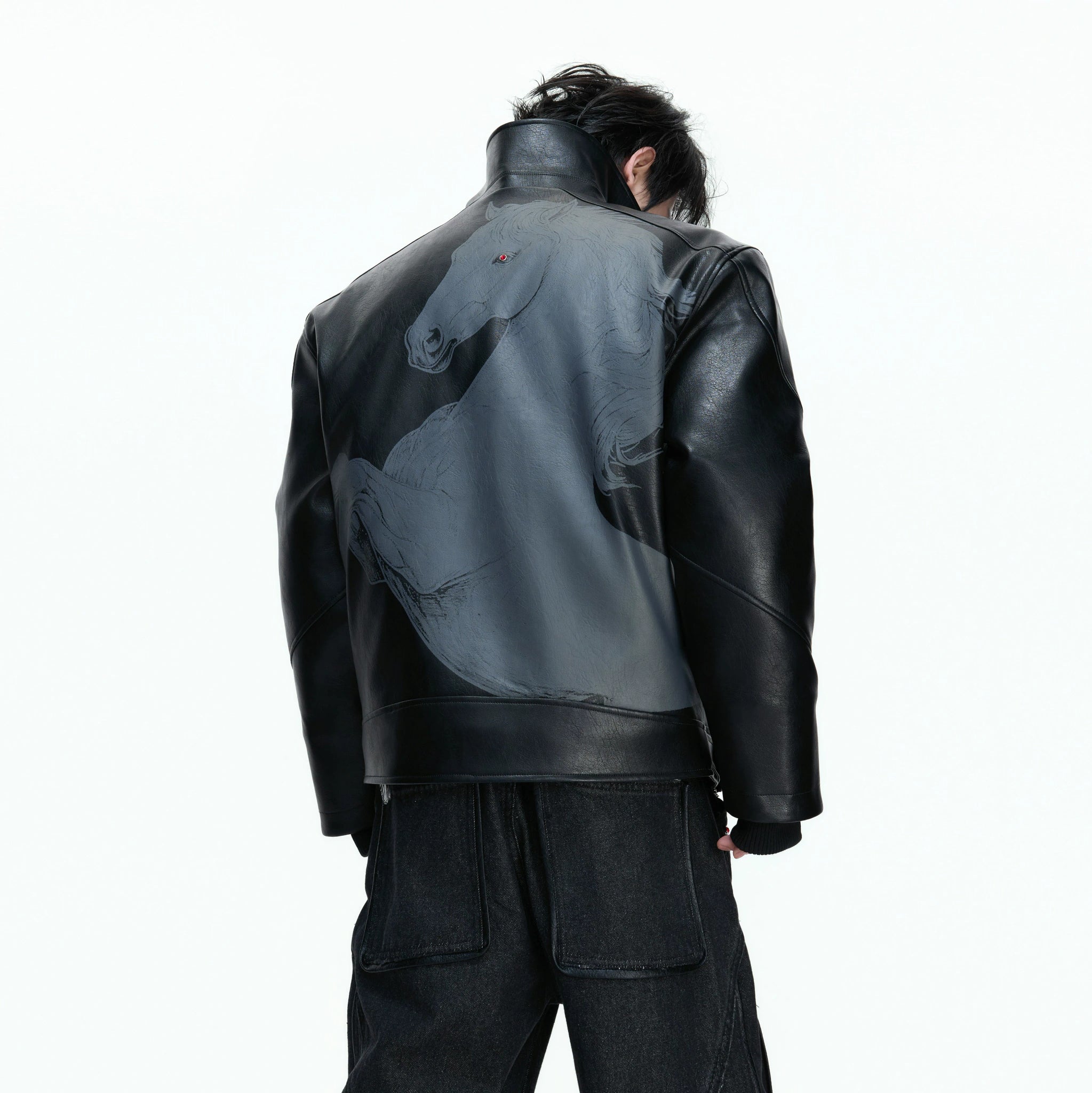 Black Faux Leather Horse Badge Moto Jacket - main image 4