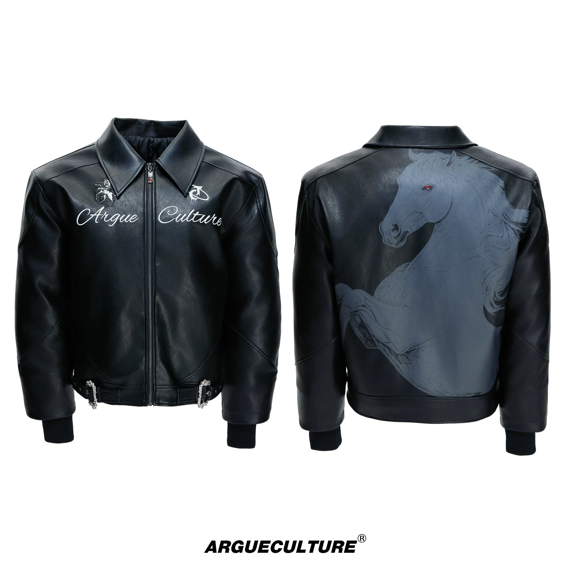 Black Faux Leather Horse Badge Moto Jacket - Black Top
