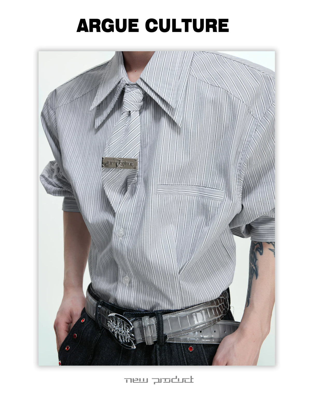 Striped Waist-Cinched Shirt with Detachable Tie - description image 2