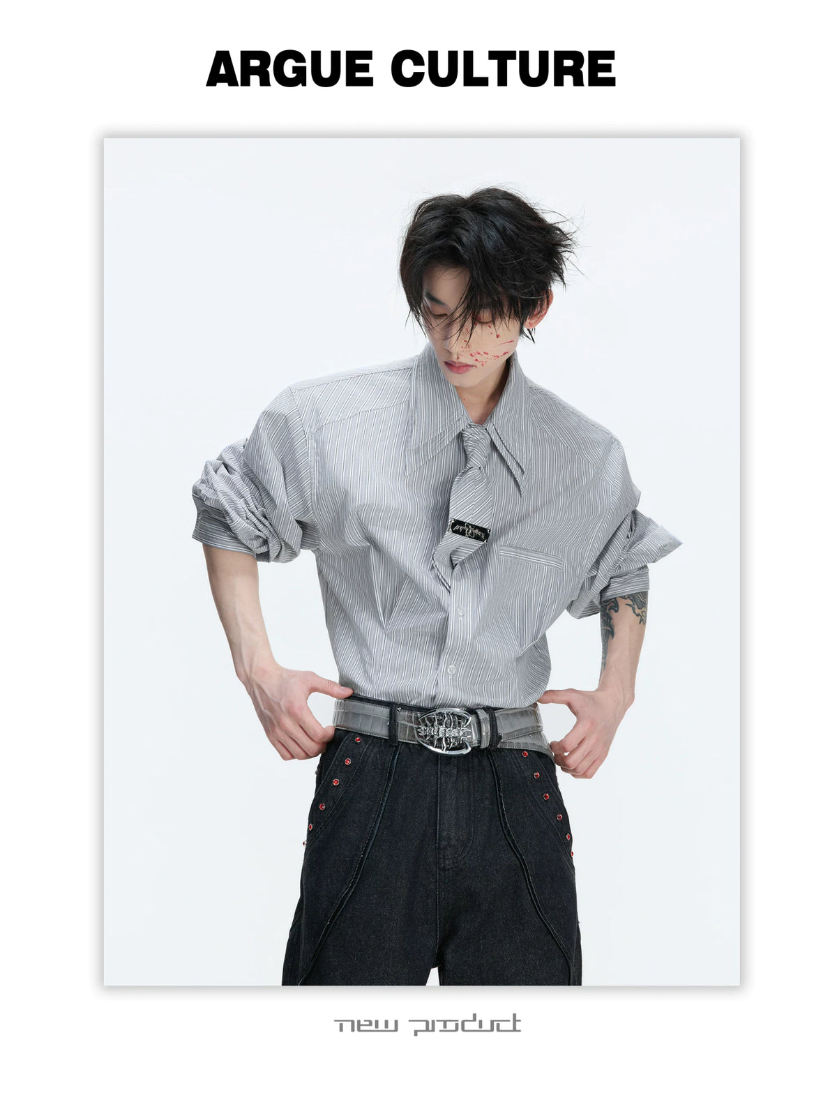 Striped Waist-Cinched Shirt with Detachable Tie - description image 12