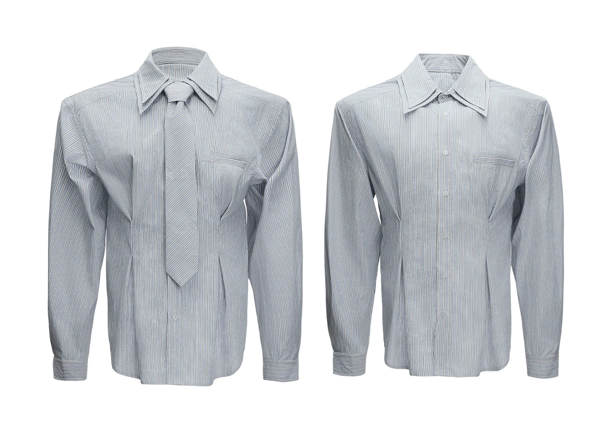Striped Waist-Cinched Shirt with Detachable Tie - description image 14