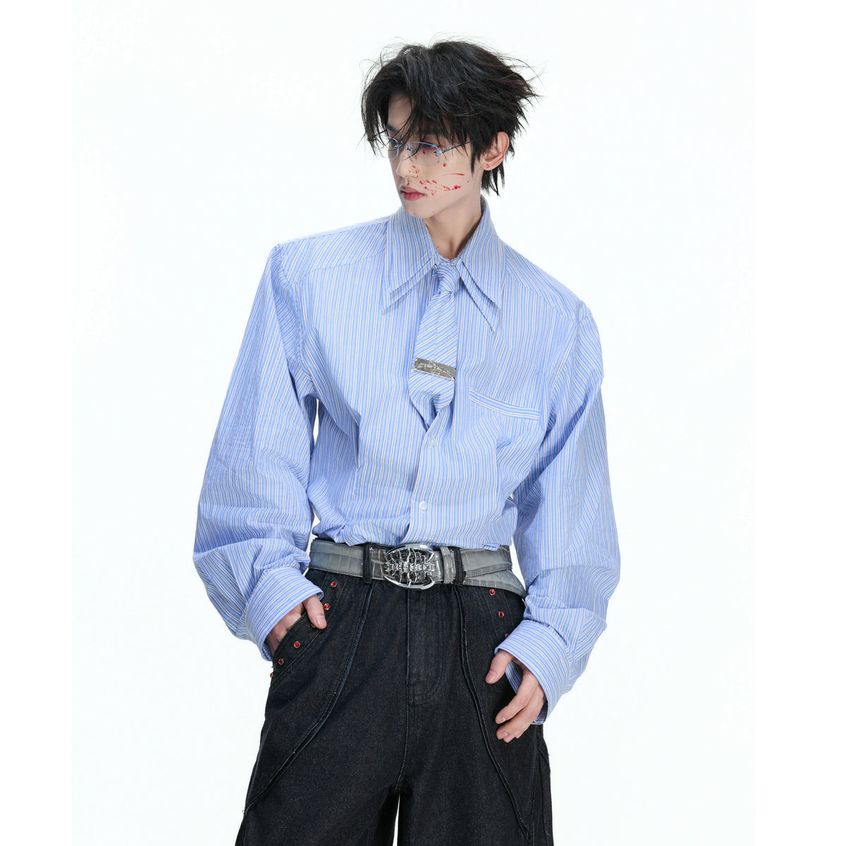 Striped Waist-Cinched Shirt with Detachable Tie - main image 1