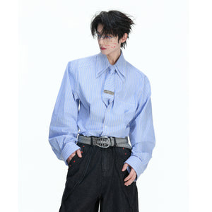 Striped Waist-Cinched Shirt with Detachable Tie - main image 1