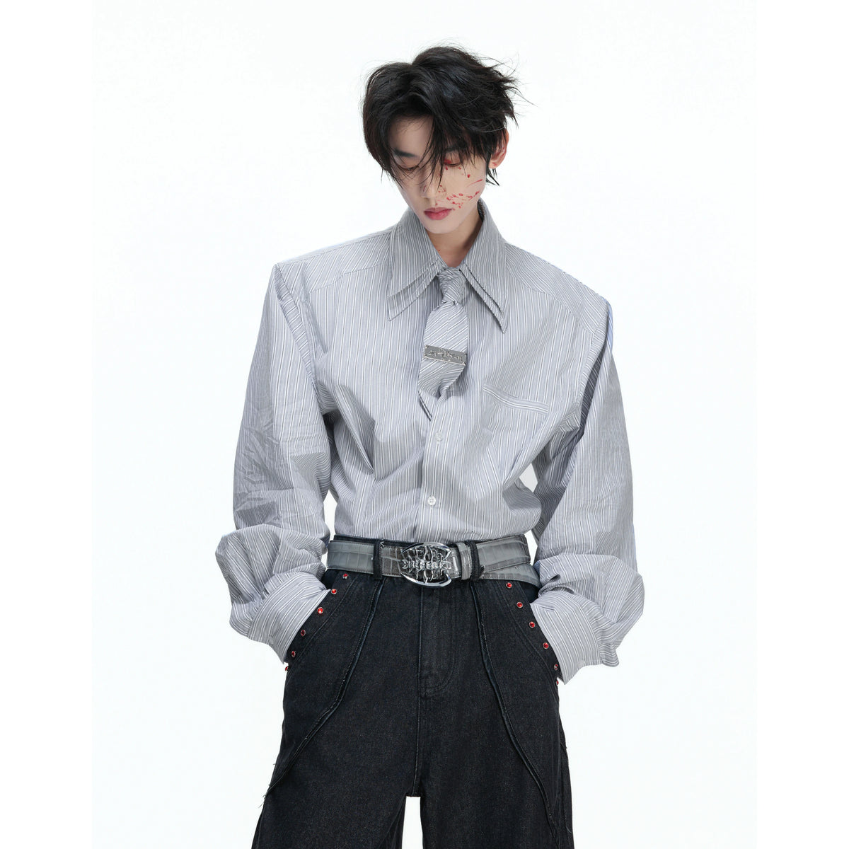 Striped Waist-Cinched Shirt with Detachable Tie - main image 2