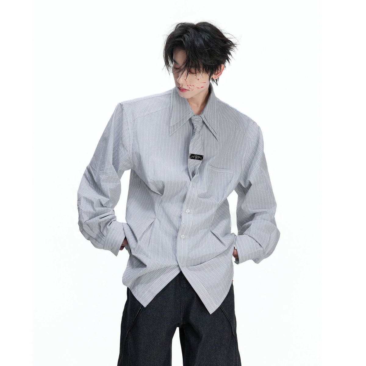 Striped Waist-Cinched Shirt with Detachable Tie - main image 5