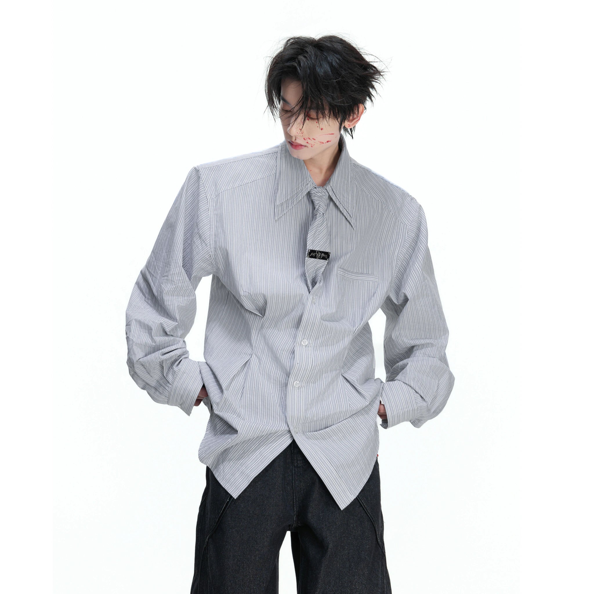 Striped Waist-Cinched Shirt with Detachable Tie - main image 5