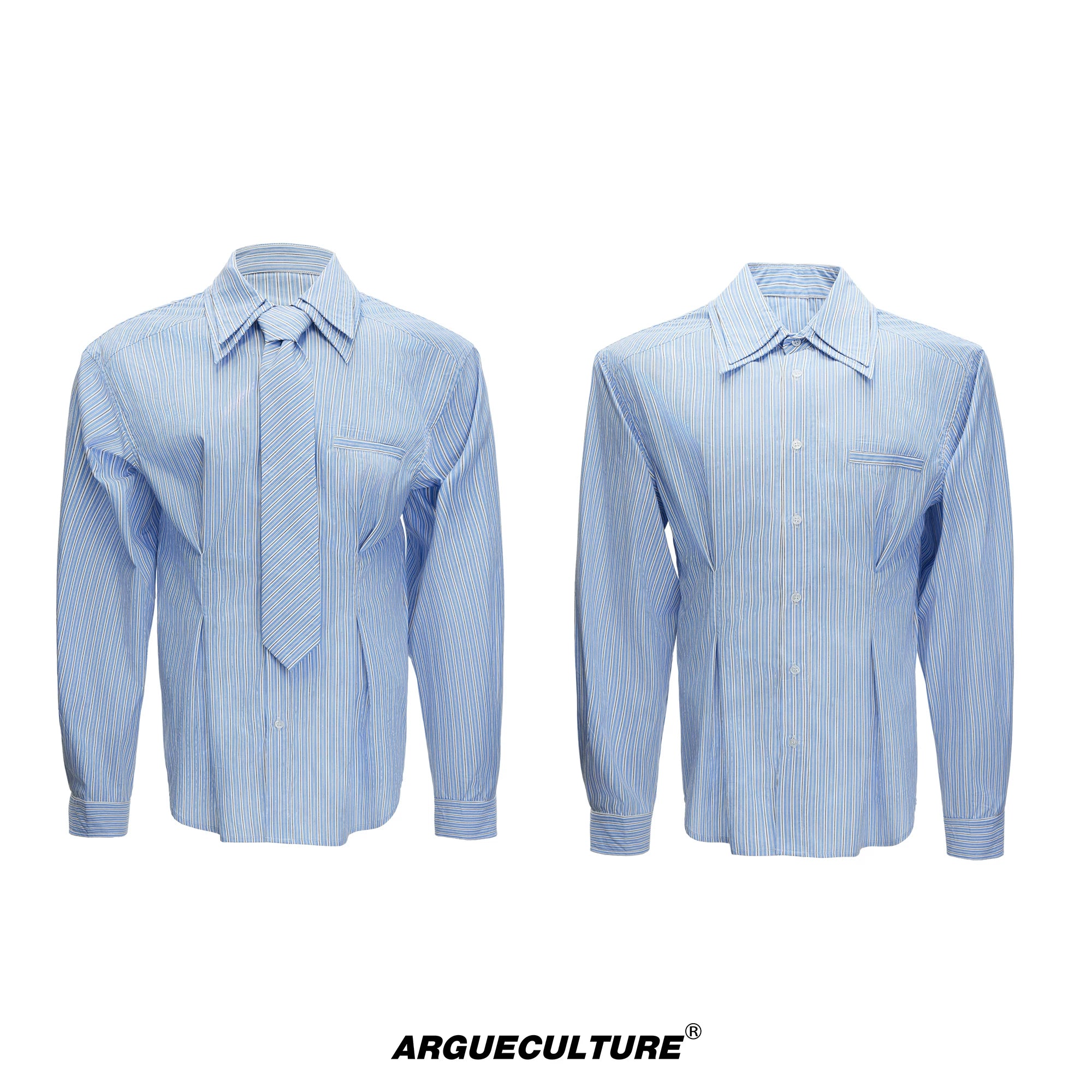 Striped Waist-Cinched Shirt with Detachable Tie - Blue Top