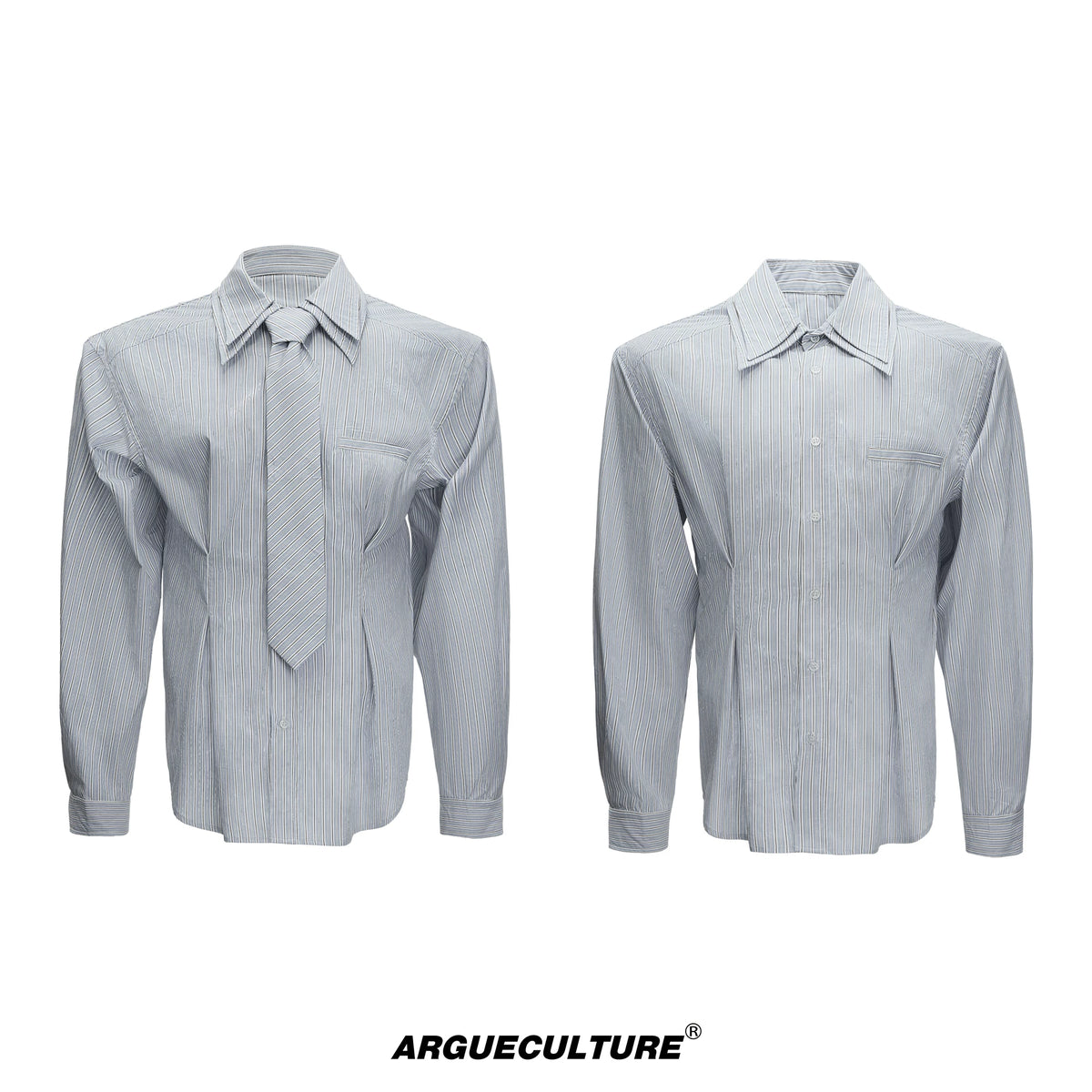 Striped Waist-Cinched Shirt with Detachable Tie - Gray Top