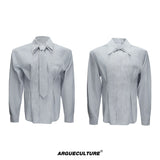 Striped Waist-Cinched Shirt with Detachable Tie - Gray Top