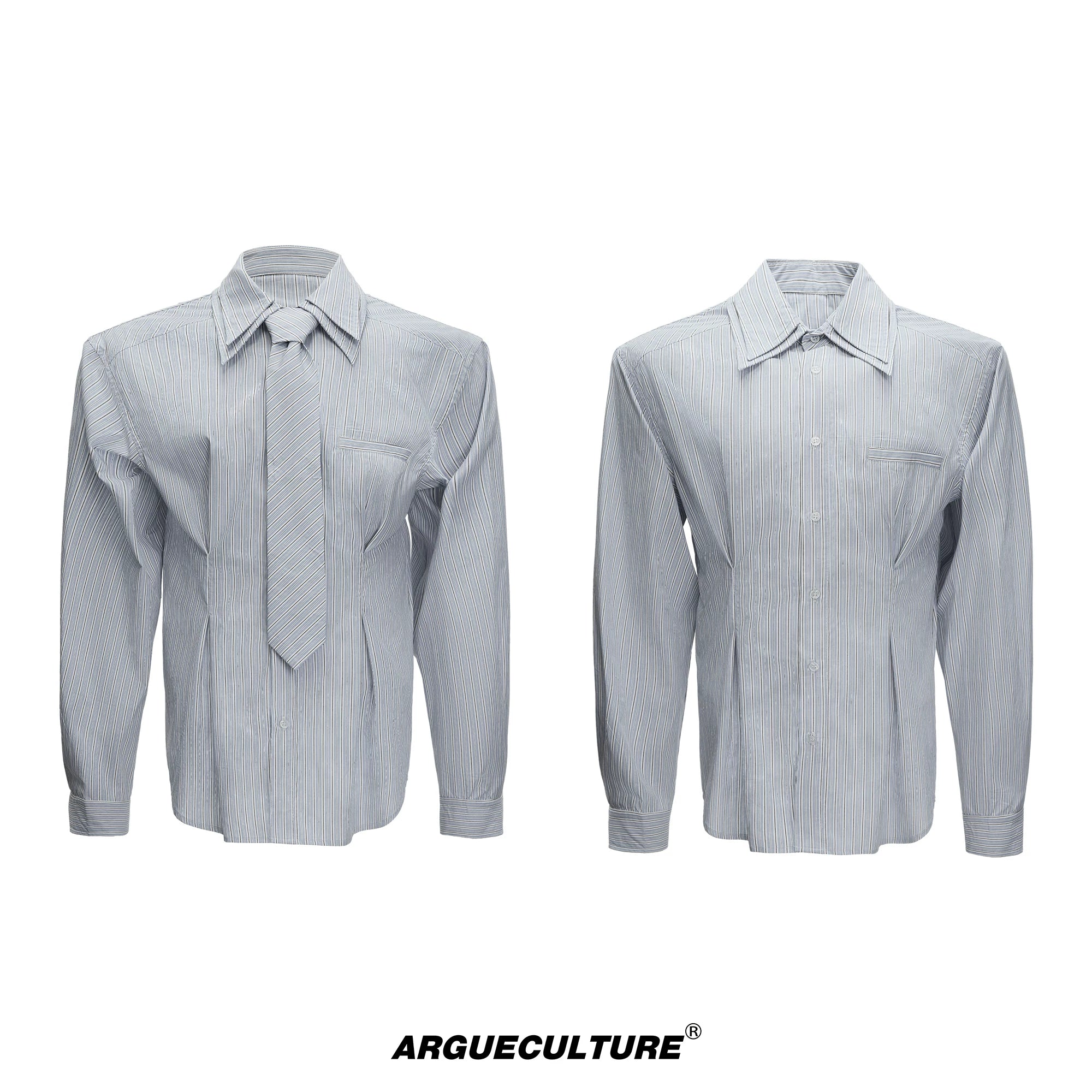 Striped Waist-Cinched Shirt with Detachable Tie - Gray Top