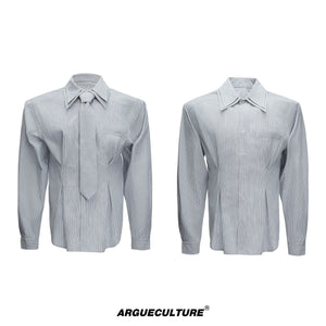 Striped Waist-Cinched Shirt with Detachable Tie - Gray Top